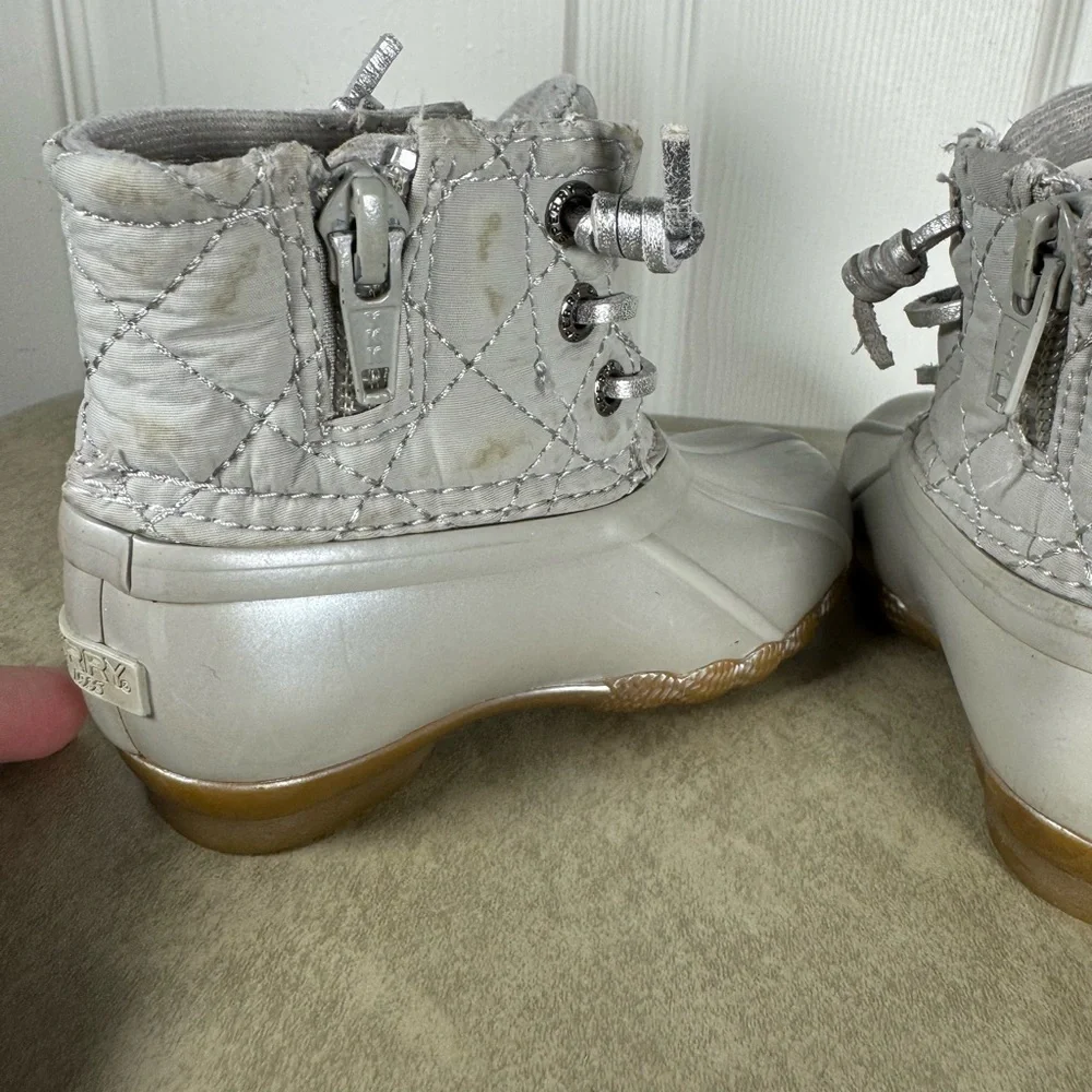 Sperry Silver Saltwater Duck Rain Boots Toddler Lace Up Metallic Size 6m